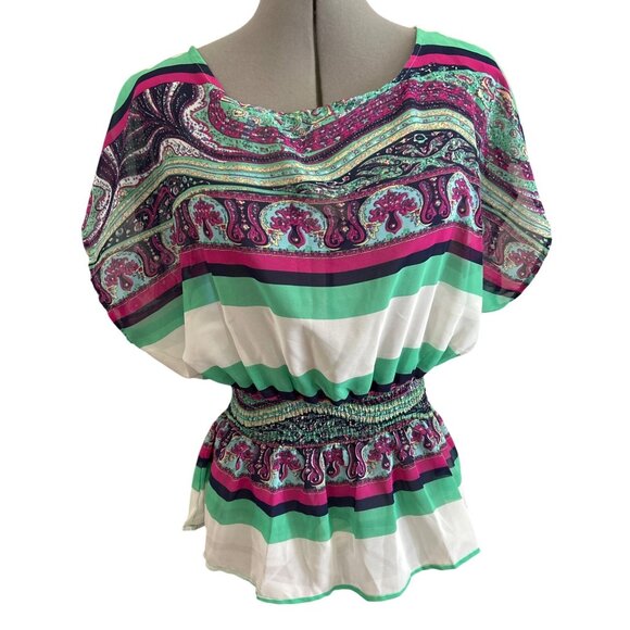 Womens Connection 18 Paisley Print Top M Multicolor Smocked Waist Short Sleeve - Picture 1 of 7